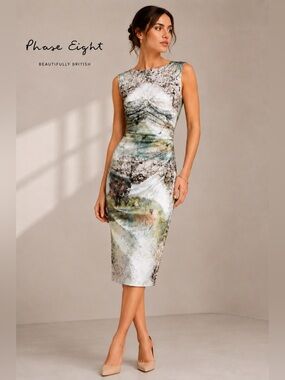 Phase Eight Ruched Scenic Print Midi Dress | Approx. XS | Sleeveless